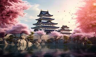 Animation of pink Japanese natural scenery and castles, AI generative photo