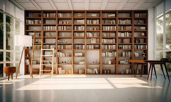 big bookshelf with minimalist wood interior, generative ai photo