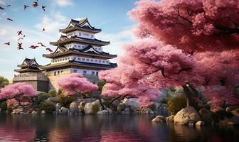 Animation of pink Japanese natural scenery and castles, AI generative photo