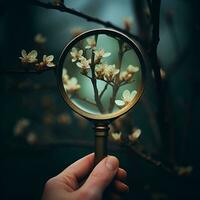 hand holding magnifying glass focus to flower stalk in forest wilderness, generative ai photo