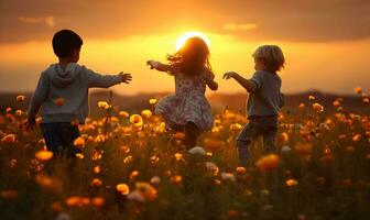 children playing in flower field with sunset, generative ai photo