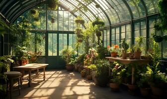 inside a greenhouse plant and interior, ai generative photo