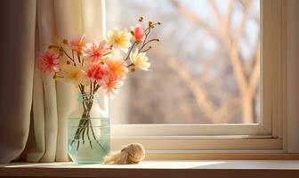 flores en un hermosa florero en el ventana, ai generativo foto