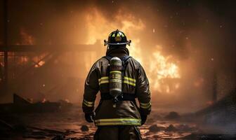 firefighter is looking at conflagration fire, generative ai photo