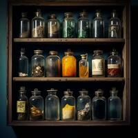 rows of bottles containing potions on the wall cupboard, ai generative photo
