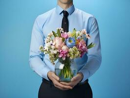 office worker holding flower vase pastel blue background copy space, ai generative photo