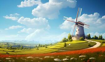 view of a windmill in a beautiful orange flower field, ai generative photo