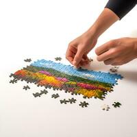 hands putting together a jigsaw puzzle on a white background, ai generative photo