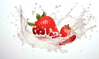 strawberries and milk splash white background, ai generative photo