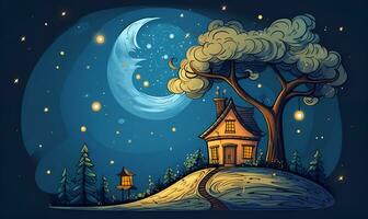 digital art house and tree under moonlight, ai generative photo