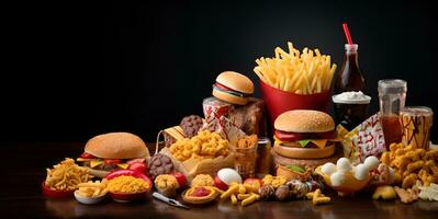 pile of all kinds of fast food junk food, ai generative photo