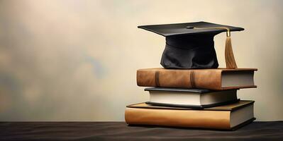 graduación gorra en un pila de libros Copiar espacio, ai generativo foto