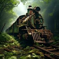 abandoned steam train in the forest, ai generative photo
