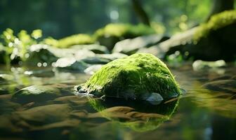 mossy rocks that arise on the surface of rivers, ai generative photo