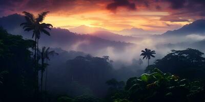 dense rainforest sunset, ai generative photo