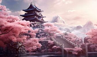 pink cherry trees and japanese castle, ai generative photo