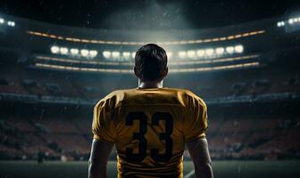 americano fútbol americano jugadores en el estadio a noche, ai generativo foto