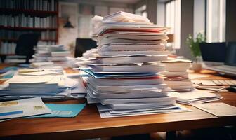 pile of messy papers on work desk overwork concept, ai generative photo