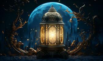 islamic lamp lantern with star moon night sky background, generative ai photo