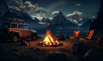 campfire on the mountain with backpacker camping car, generative ai photo