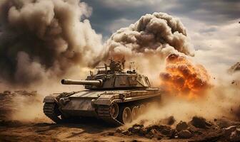 tanks in war with dust and explosions, ai generative photo