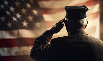 elderly army veteran saluting american flag, generative ai photo