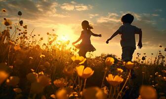 sombra de niños jugando en un campo de flores a atardecer, ai generativo foto