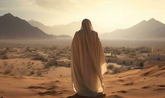 hombre en abaya y blanco Pañuelo caminando en el desierto, ai generativo foto