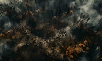 forest fires from a bird eye view, ai generative photo