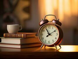 alarm clock and book on table with soft light, generative ai photo