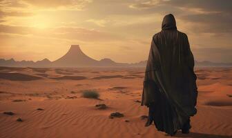 hombre en negro túnica en el desierto, ai generativo foto