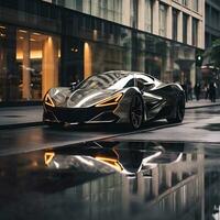 luxury black sports car on city streets, ai generative photo