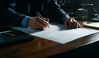 el principal director es firma un contrato papel con un bolígrafo en el oficina mesa, ai generativo foto