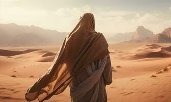 hombre en abaya y blanco Pañuelo caminando en el desierto, ai generativo foto