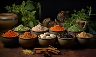 various spices in wooden bowl, ai generative photo