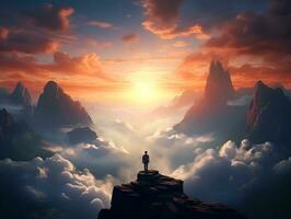 man on the top of a high mountain looking at the sky, ai generative photo