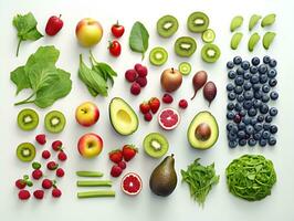 various fruits arranged on a white background, view from above, ai generative photo