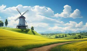 windmill in a beautiful green grass field, ai generative photo