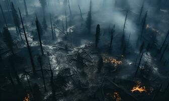 forest fires from a bird eye view, ai generative photo