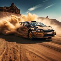 rally car on dusty desert road, ai generative photo