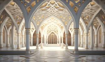 library with a white interior and typical Islamic ornaments and architecture, ai generative photo