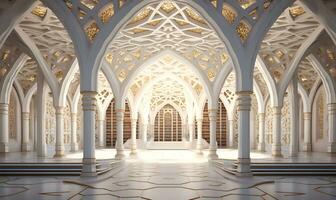 library with a white interior and typical Islamic ornaments and architecture, ai generative photo