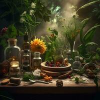 various herbal medicines on the table, ai generative photo