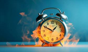 alarma reloj ardiente fuego concepto residuos de tiempo, ai generativo foto