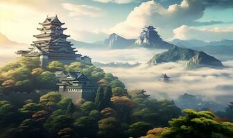 japonés castillo en un hermosa colina visto desde lejos, ai generativo foto