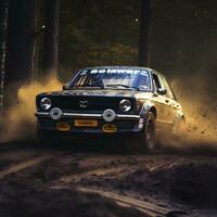 rally car in action on forest dirt road, ai generative photo