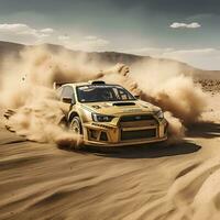 rally car on dusty desert road, ai generative photo