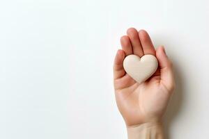 mano participación un corazón conformado objeto blanco antecedentes Copiar espacio, ai generativo foto