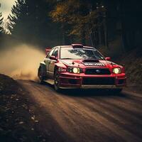 rally car in action on forest dirt road, ai generative photo
