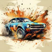 rally car with dust and ink paint art, ai generative photo